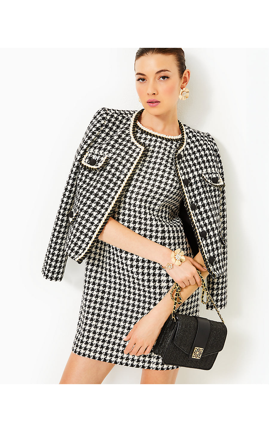 DORIANE BOUCLE SHIFT, NOIR HOUNDSTOOTH SEQUIN BOUCLE