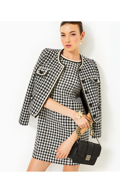 DORIANE BOUCLE SHIFT, NOIR HOUNDSTOOTH SEQUIN BOUCLE