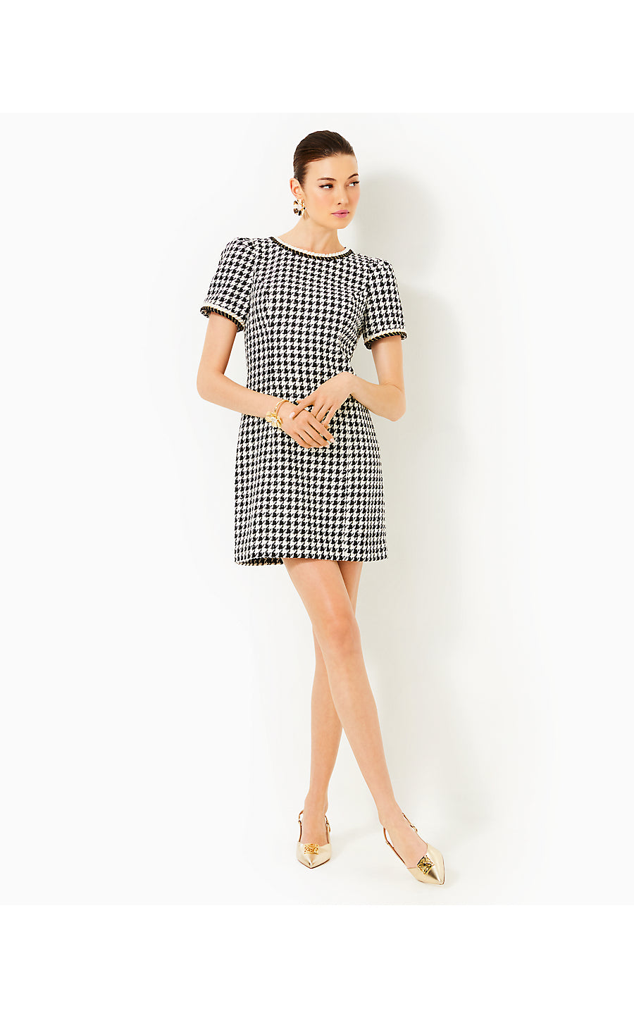 DORIANE BOUCLE SHIFT, NOIR HOUNDSTOOTH SEQUIN BOUCLE