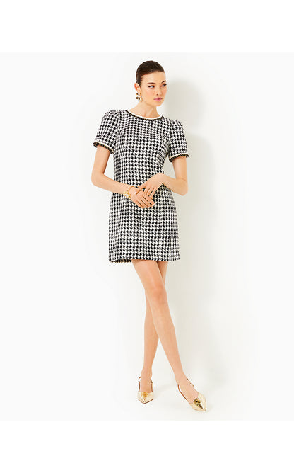 DORIANE BOUCLE SHIFT, NOIR HOUNDSTOOTH SEQUIN BOUCLE