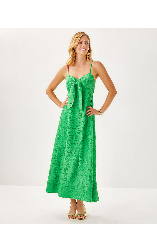 SARAHLYNNE MAXI DRESS, FAUNA GREEN STACKED PALM BURNOUT