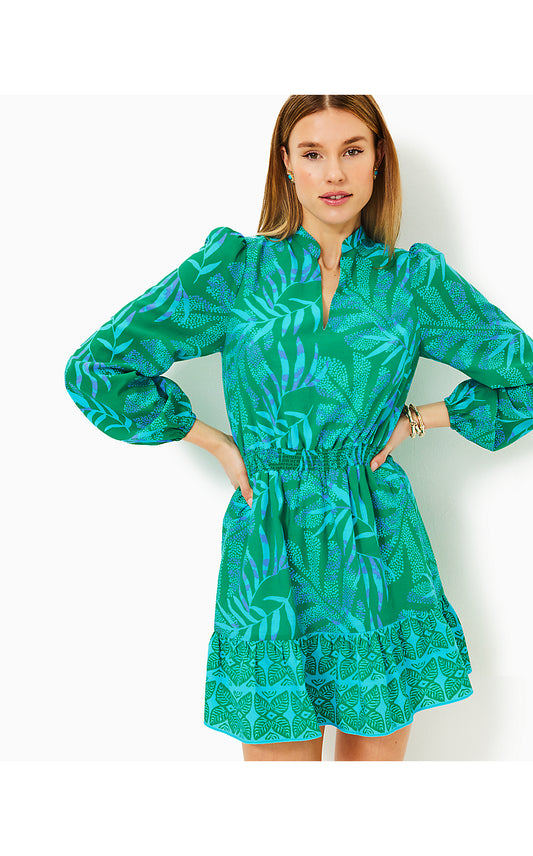 AXTON DRESS, FIDDLE LEAF GREEN ITS A JUNGLE OUT THERE ENGINEERED WOVEN DRESS