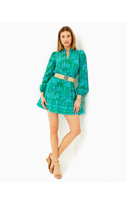 AXTON DRESS, FIDDLE LEAF GREEN ITS A JUNGLE OUT THERE ENGINEERED WOVEN DRESS