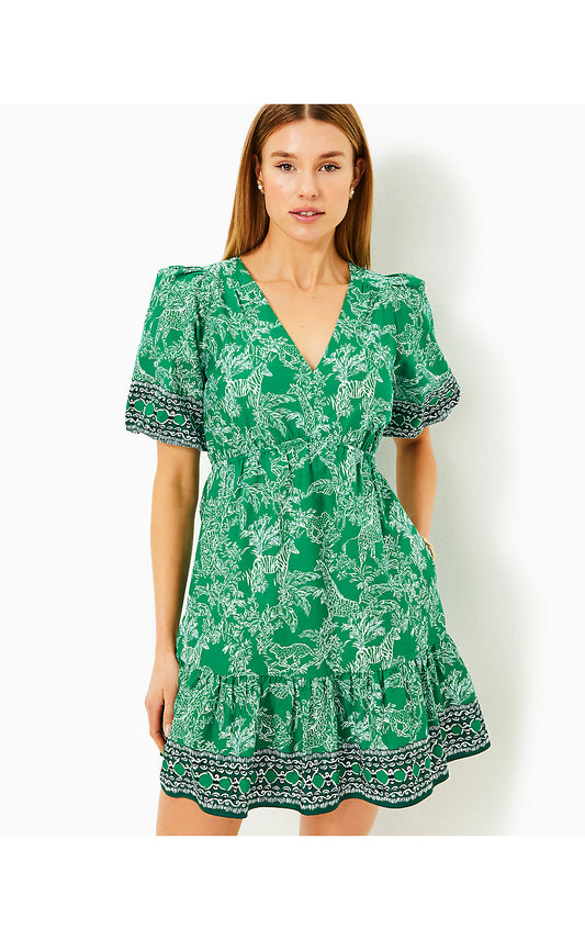 KENTLEE DRESS, FIDDLE LEAF GREEN SAFARI PARTY ENGINEERED WOVEN DRESS