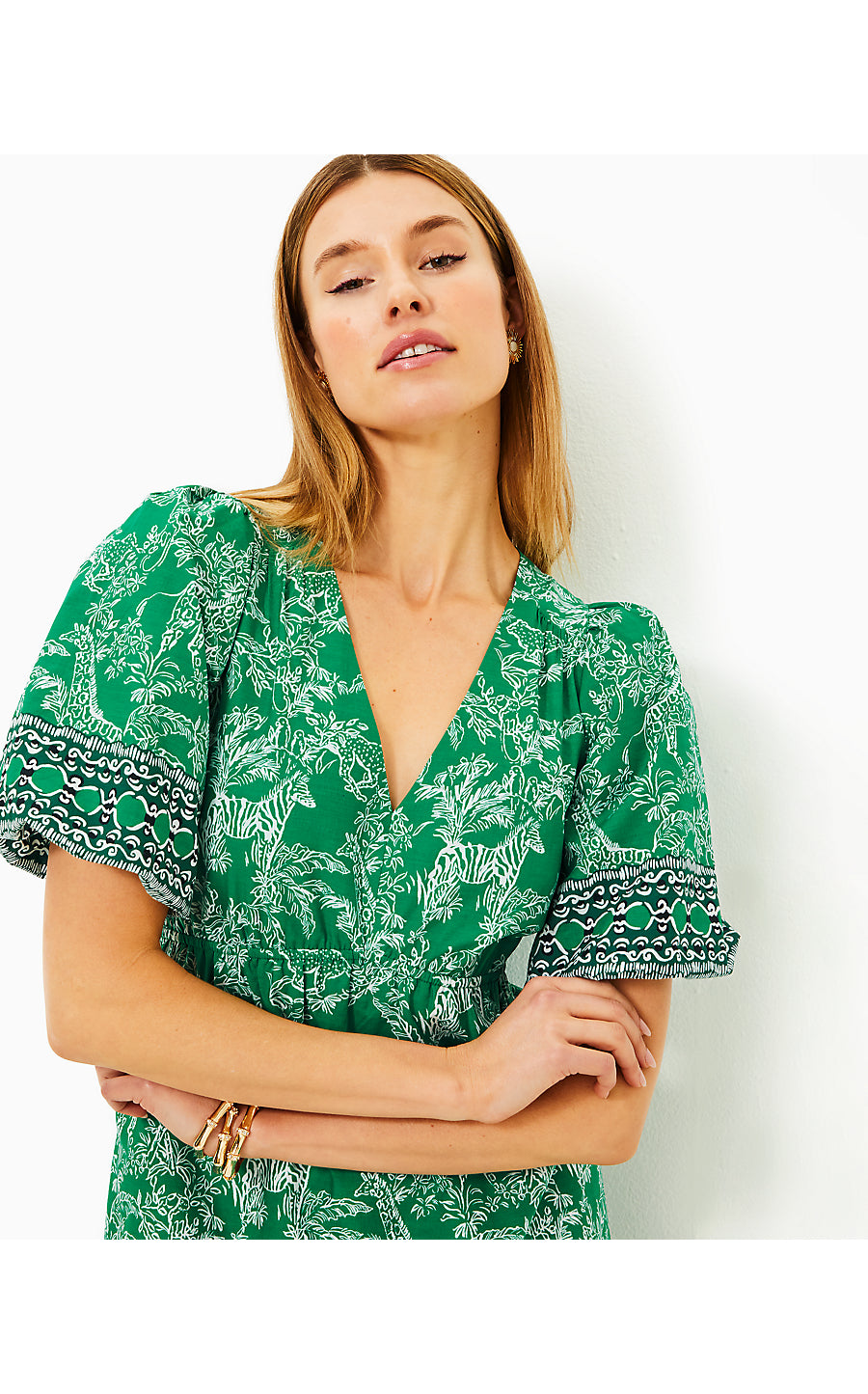 KENTLEE DRESS, FIDDLE LEAF GREEN SAFARI PARTY ENGINEERED WOVEN DRESS