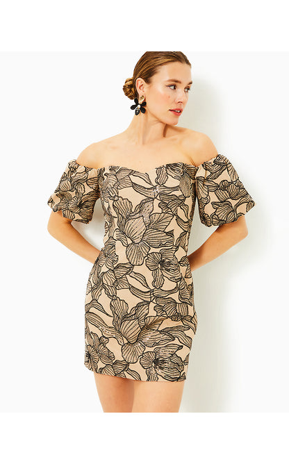 NANCI SKIRTED ROMPER, WICKER TAN EMBROIDERED SEQUIN EXPLODED FLORA