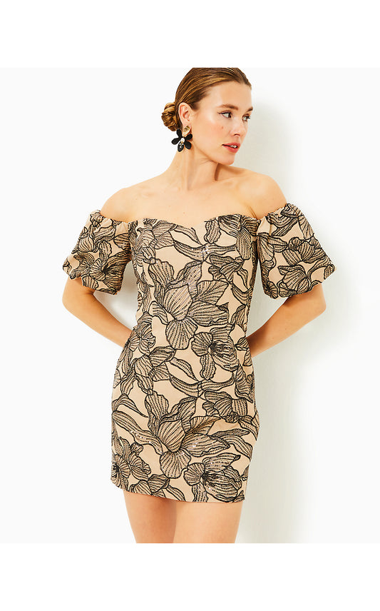 NANCI SKIRTED ROMPER, WICKER TAN EMBROIDERED SEQUIN EXPLODED FLORA