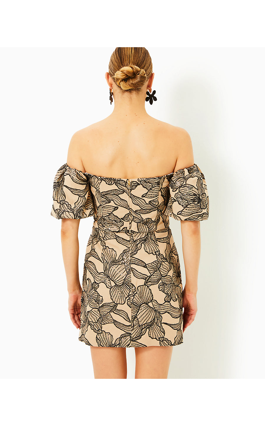 NANCI SKIRTED ROMPER, WICKER TAN EMBROIDERED SEQUIN EXPLODED FLORA