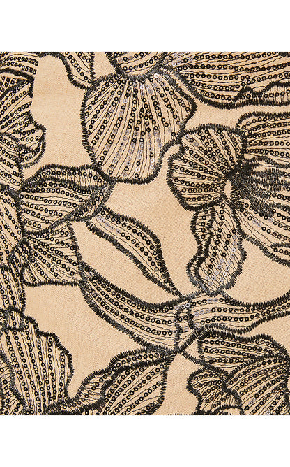 NANCI SKIRTED ROMPER, WICKER TAN EMBROIDERED SEQUIN EXPLODED FLORA