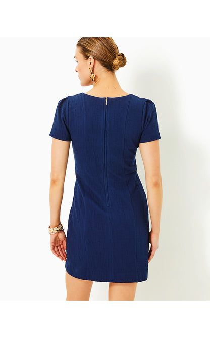 BRINLEY STRETCH SHIFT DRESS, LOW TIDE NAVY WAVY KNIT JACQUARD