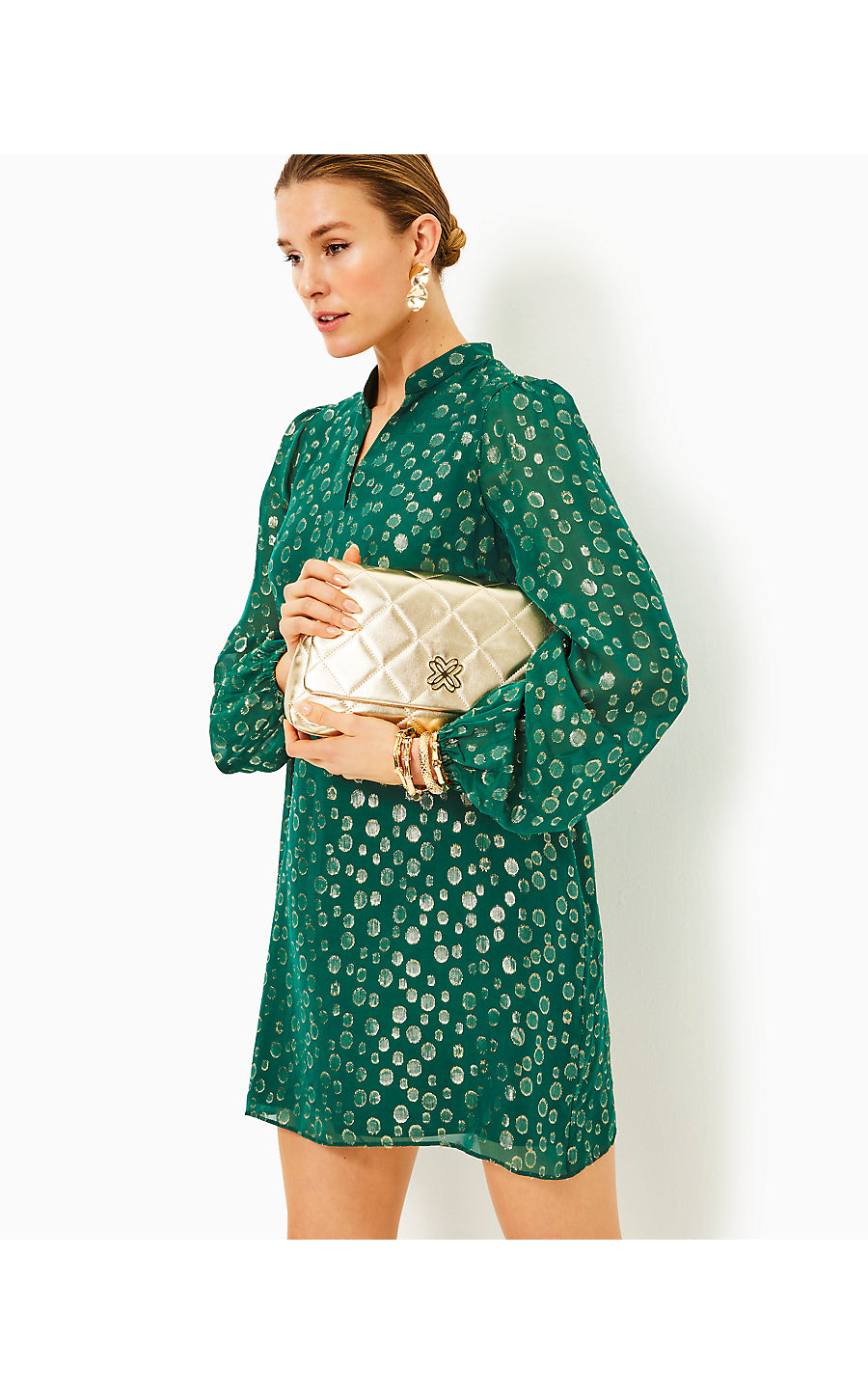 LAURALYN SILK DRESS, VILLA GREEN SILK BUBBLY CLIP