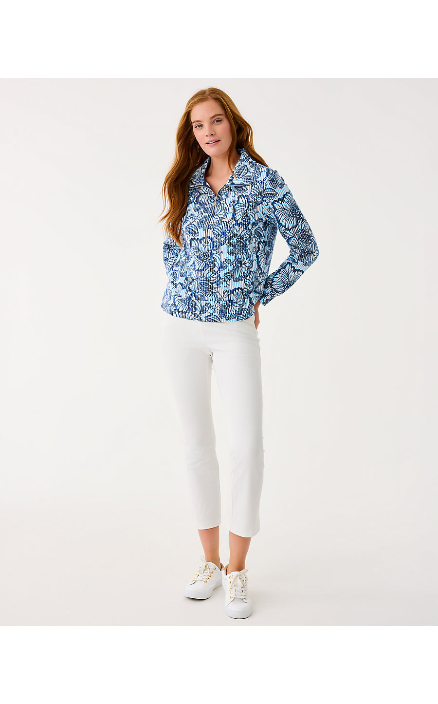 ELENI UPF 50+ PULLOVER, STARLIGHT NAVY PROUD AS A PEACOCK STRIPE