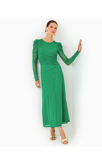 PRESLIE LONG SLEEVE MESH MIDI DRESS, FIDDLE LEAF GREEN