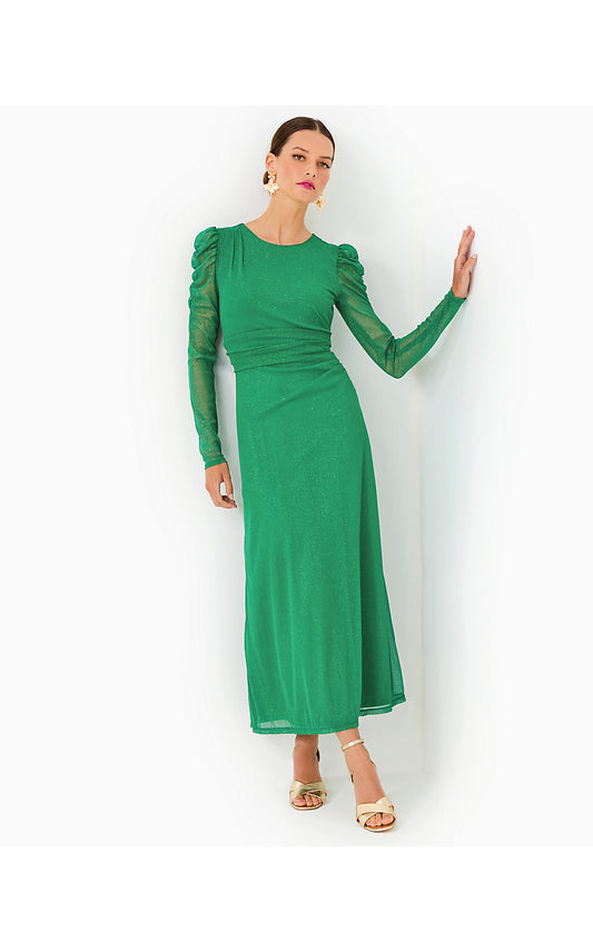 PRESLIE LONG SLEEVE MESH MIDI DRESS, FIDDLE LEAF GREEN