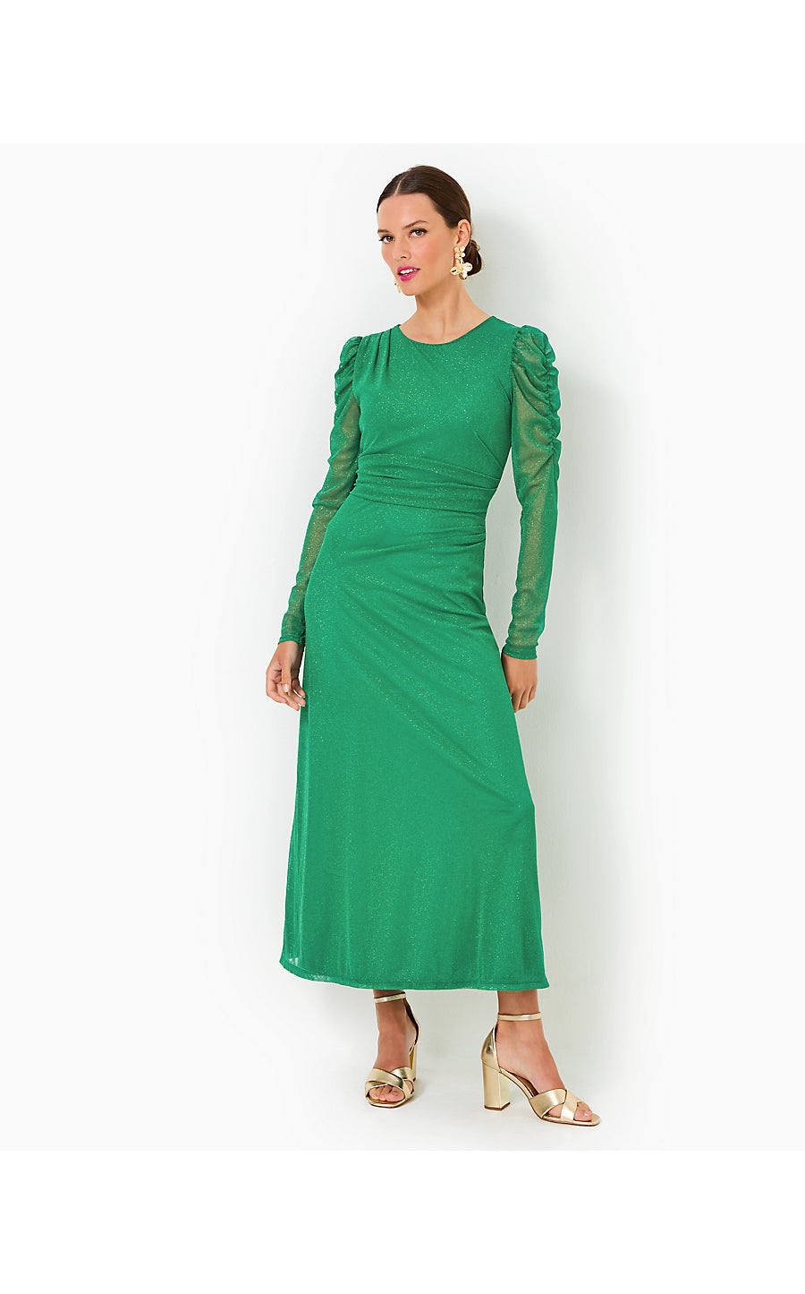 PRESLIE LONG SLEEVE MESH MIDI DRESS, FIDDLE LEAF GREEN