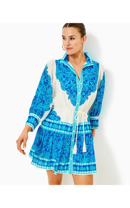 DRENA DRESS, BREEZY AQUA JUNGLE ESCAPE ENGINEERED WOVEN DRESS