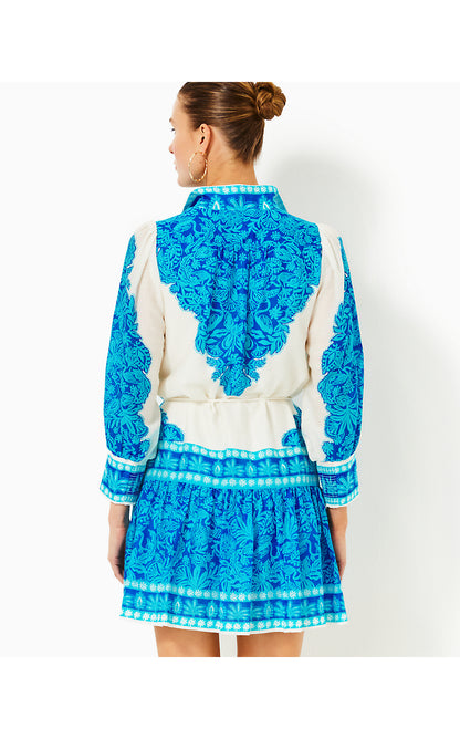DRENA DRESS, BREEZY AQUA JUNGLE ESCAPE ENGINEERED WOVEN DRESS