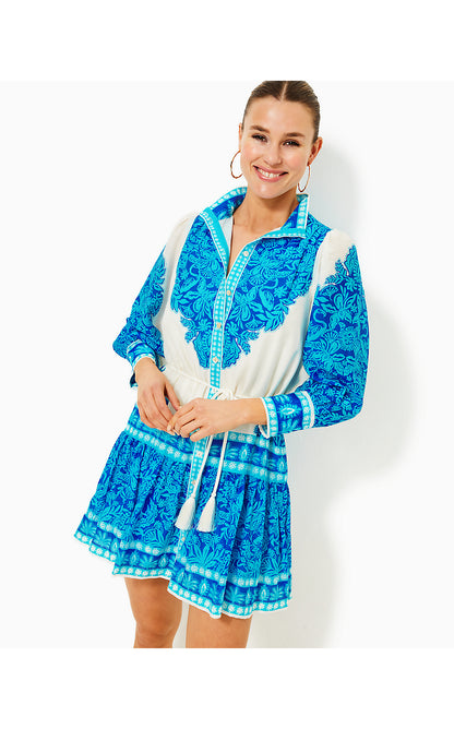 DRENA DRESS, BREEZY AQUA JUNGLE ESCAPE ENGINEERED WOVEN DRESS