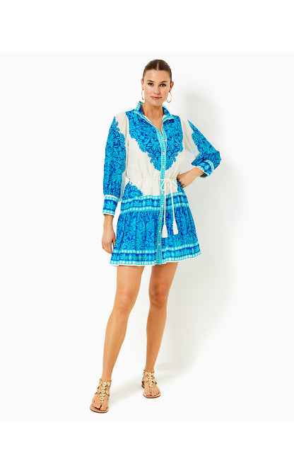 DRENA DRESS, BREEZY AQUA JUNGLE ESCAPE ENGINEERED WOVEN DRESS