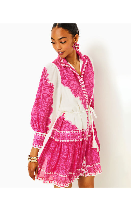 DRENA DRESS, PASSION FRUIT PINK JUNGLE ESCAPE ENGINEERED WOVEN DRESS