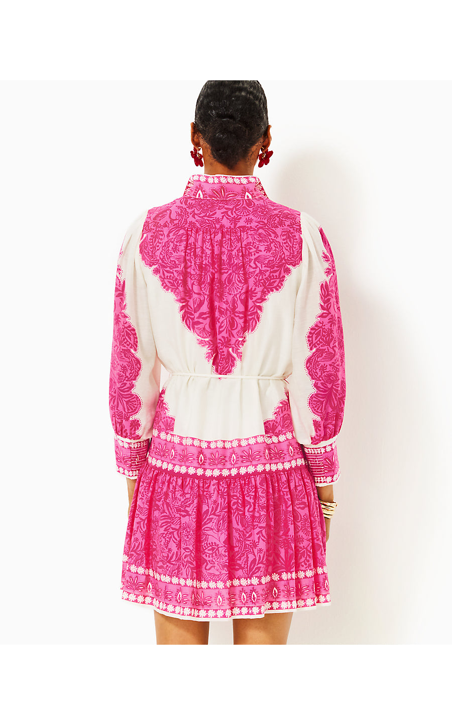 DRENA DRESS, PASSION FRUIT PINK JUNGLE ESCAPE ENGINEERED WOVEN DRESS