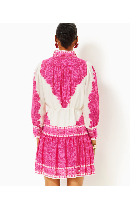 DRENA DRESS, PASSION FRUIT PINK JUNGLE ESCAPE ENGINEERED WOVEN DRESS