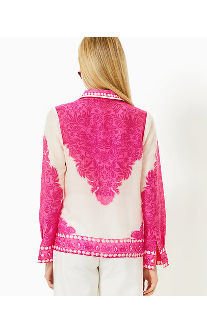 KIRAN BUTTON DOWN TOP, PASSION FRUIT PINK JUNGLE ESCAPE ENGINEERED WOVEN TOP