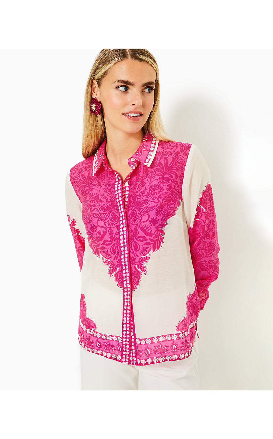KIRAN BUTTON DOWN TOP, PASSION FRUIT PINK JUNGLE ESCAPE ENGINEERED WOVEN TOP