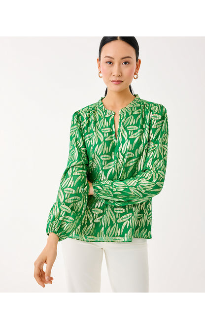 GIANA LONG SLEEVE SILK TOP, BAMBOO GREEN LEAFY BABE METALLIC SILK CLIP