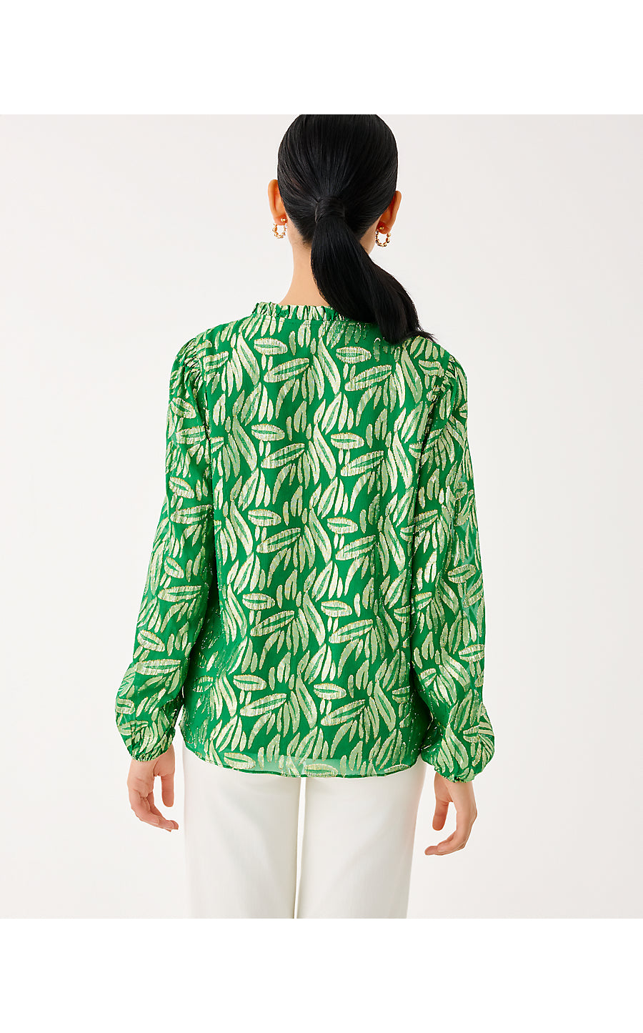 GIANA LONG SLEEVE SILK TOP, BAMBOO GREEN LEAFY BABE METALLIC SILK CLIP