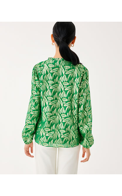 GIANA LONG SLEEVE SILK TOP, BAMBOO GREEN LEAFY BABE METALLIC SILK CLIP