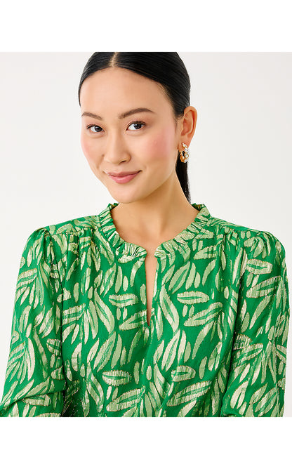 GIANA LONG SLEEVE SILK TOP, BAMBOO GREEN LEAFY BABE METALLIC SILK CLIP