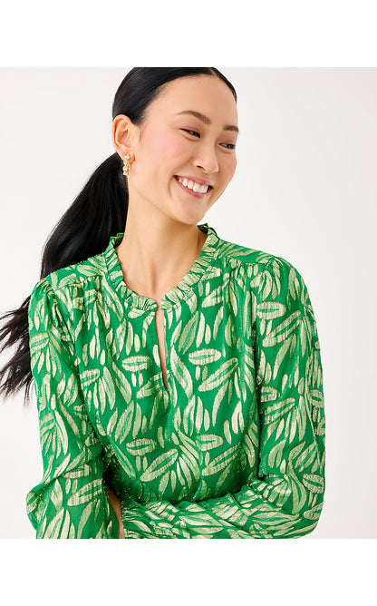 GIANA LONG SLEEVE SILK TOP, BAMBOO GREEN LEAFY BABE METALLIC SILK CLIP