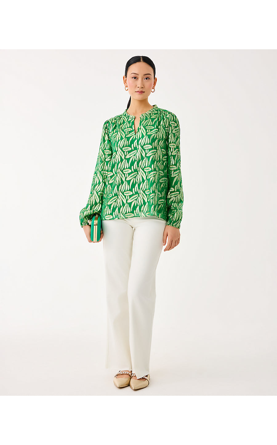 GIANA LONG SLEEVE SILK TOP, BAMBOO GREEN LEAFY BABE METALLIC SILK CLIP