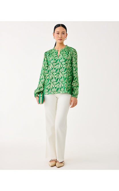 GIANA LONG SLEEVE SILK TOP, BAMBOO GREEN LEAFY BABE METALLIC SILK CLIP