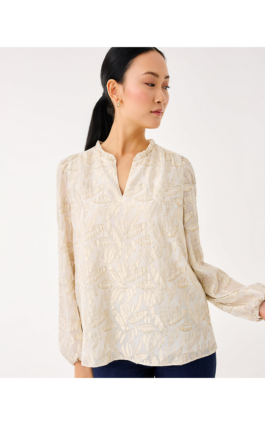 GIANA LONG SLEEVE SILK TOP, COCONUT LEAFY BABE METALLIC SILK CLIP