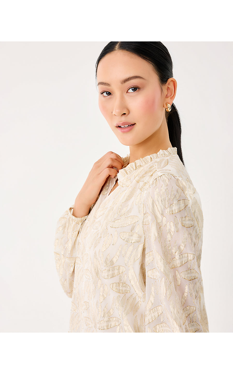GIANA LONG SLEEVE SILK TOP, COCONUT LEAFY BABE METALLIC SILK CLIP