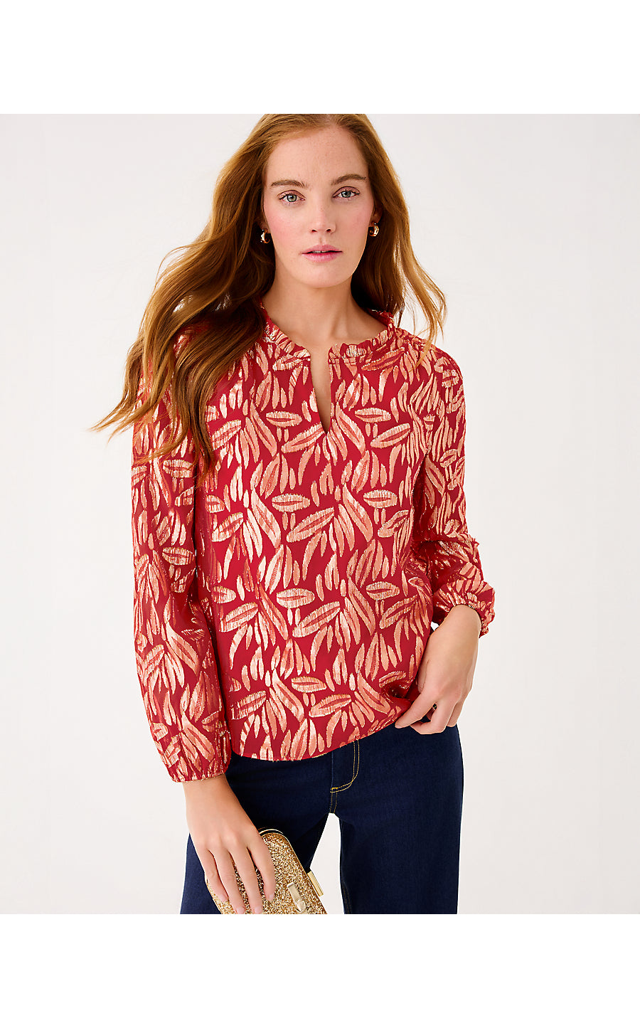 GIANA LONG SLEEVE SILK TOP, CRANBERRY RED LEAFY BABE METALLIC SILK CLIP