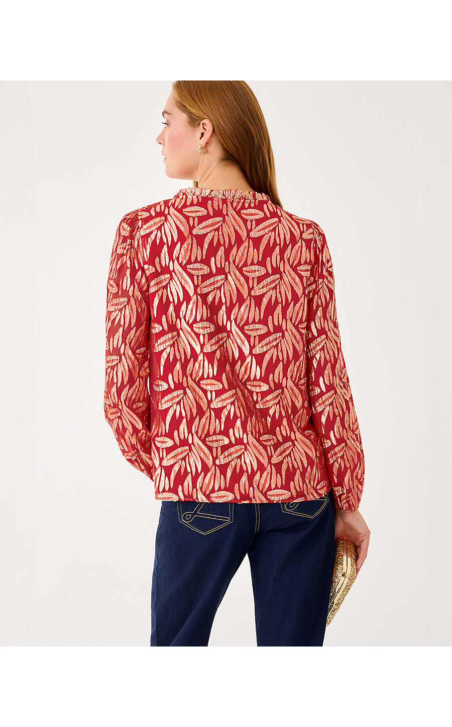 GIANA LONG SLEEVE SILK TOP, CRANBERRY RED LEAFY BABE METALLIC SILK CLIP