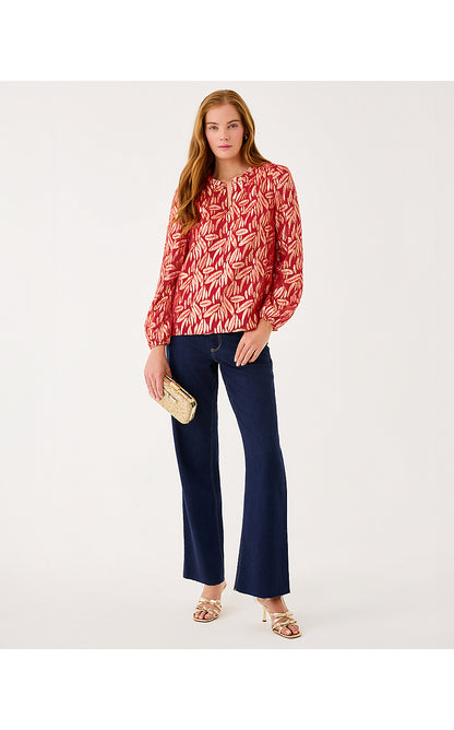GIANA LONG SLEEVE SILK TOP, CRANBERRY RED LEAFY BABE METALLIC SILK CLIP