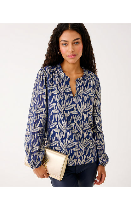 GIANA LONG SLEEVE SILK TOP, LOW TIDE NAVY LEAFY BABE METALLIC SILK CLIP