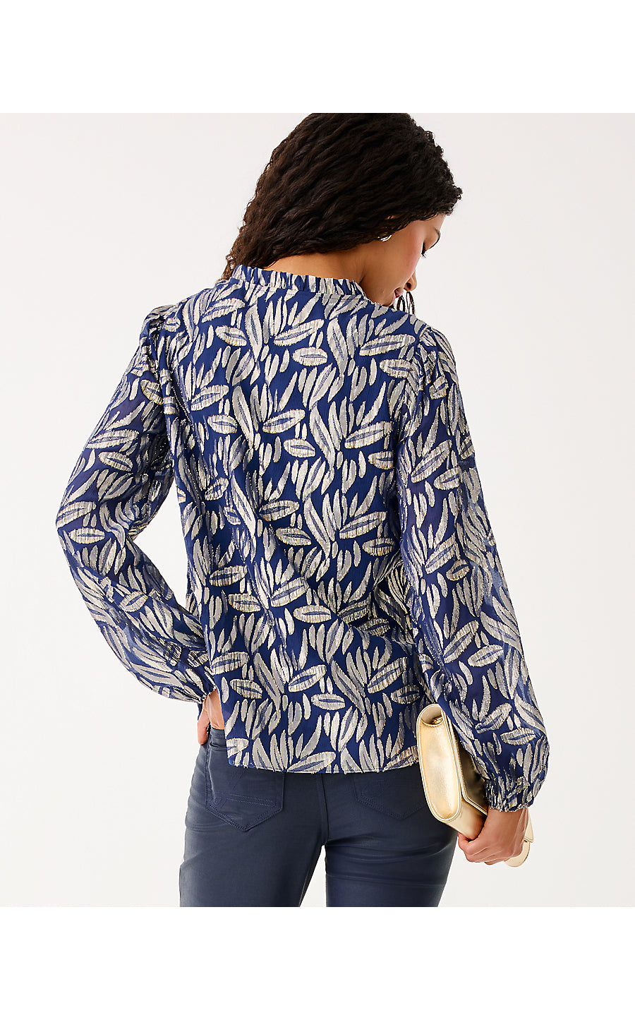 GIANA LONG SLEEVE SILK TOP, LOW TIDE NAVY LEAFY BABE METALLIC SILK CLIP