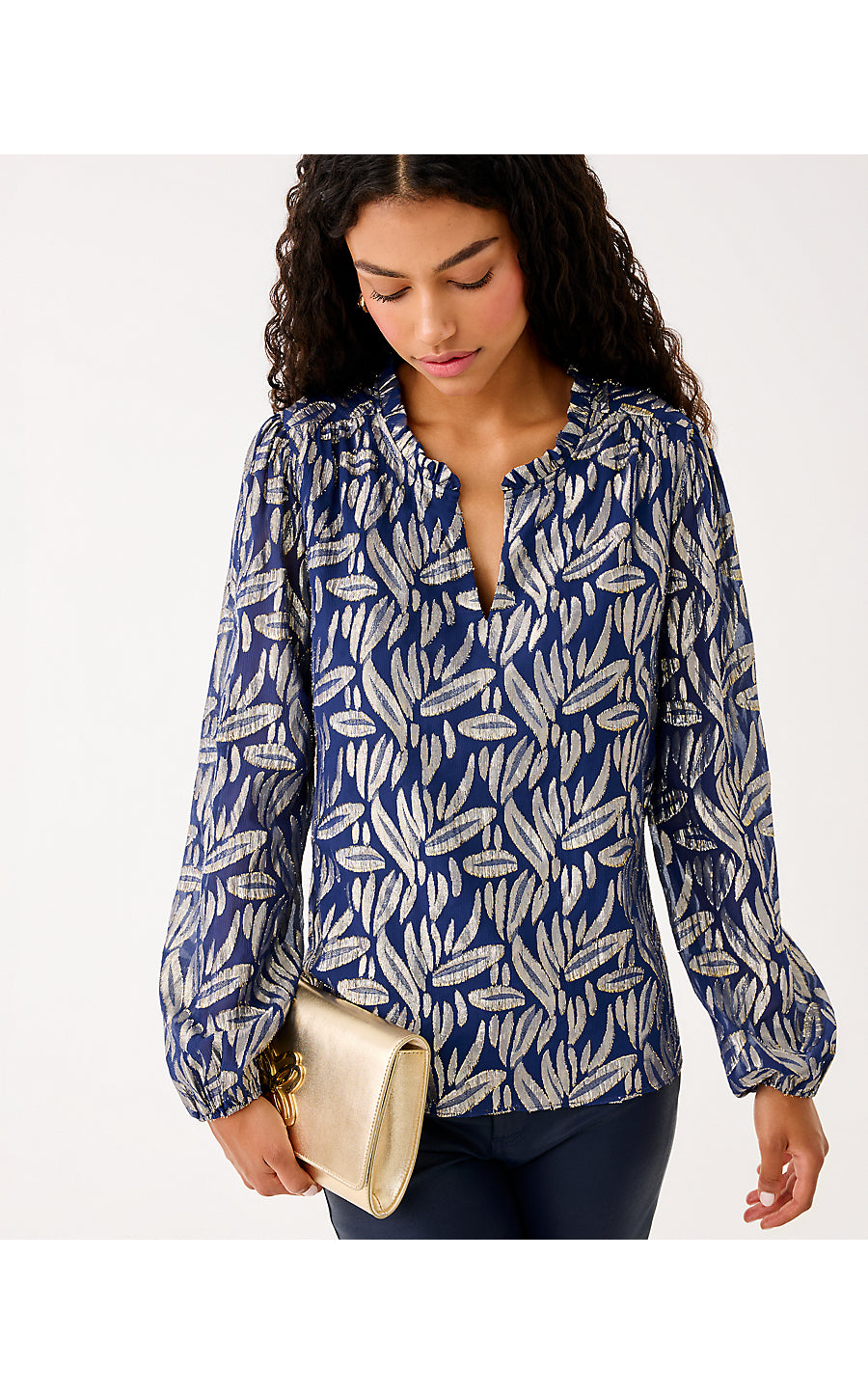GIANA LONG SLEEVE SILK TOP, LOW TIDE NAVY LEAFY BABE METALLIC SILK CLIP