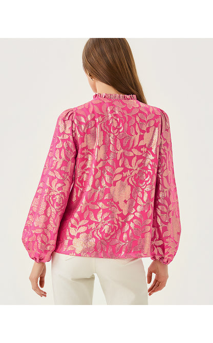 GIANA LONG SLEEVE SILK TOP, SUN SHELL PINK FLORAL BLOOM SILK CLIP