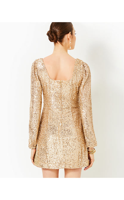 ZELDA SKIRTED ROMPER, GOLD METALLIC TREASURE BOX SEQUIN KNIT