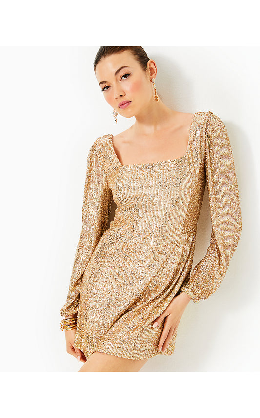 ZELDA SKIRTED ROMPER, GOLD METALLIC TREASURE BOX SEQUIN KNIT