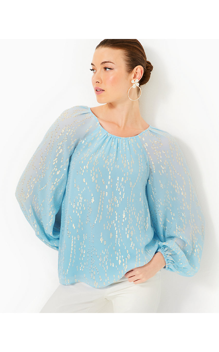 NORALEEN SILK TOP, BONAIRE BLUE FISH CLIP CHIFFON