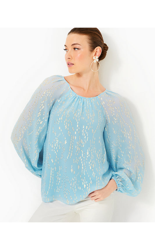 NORALEEN SILK TOP, BONAIRE BLUE FISH CLIP CHIFFON