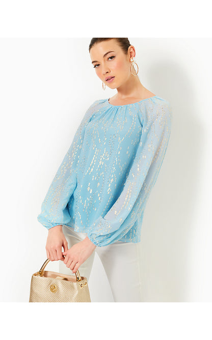 NORALEEN SILK TOP, BONAIRE BLUE FISH CLIP CHIFFON