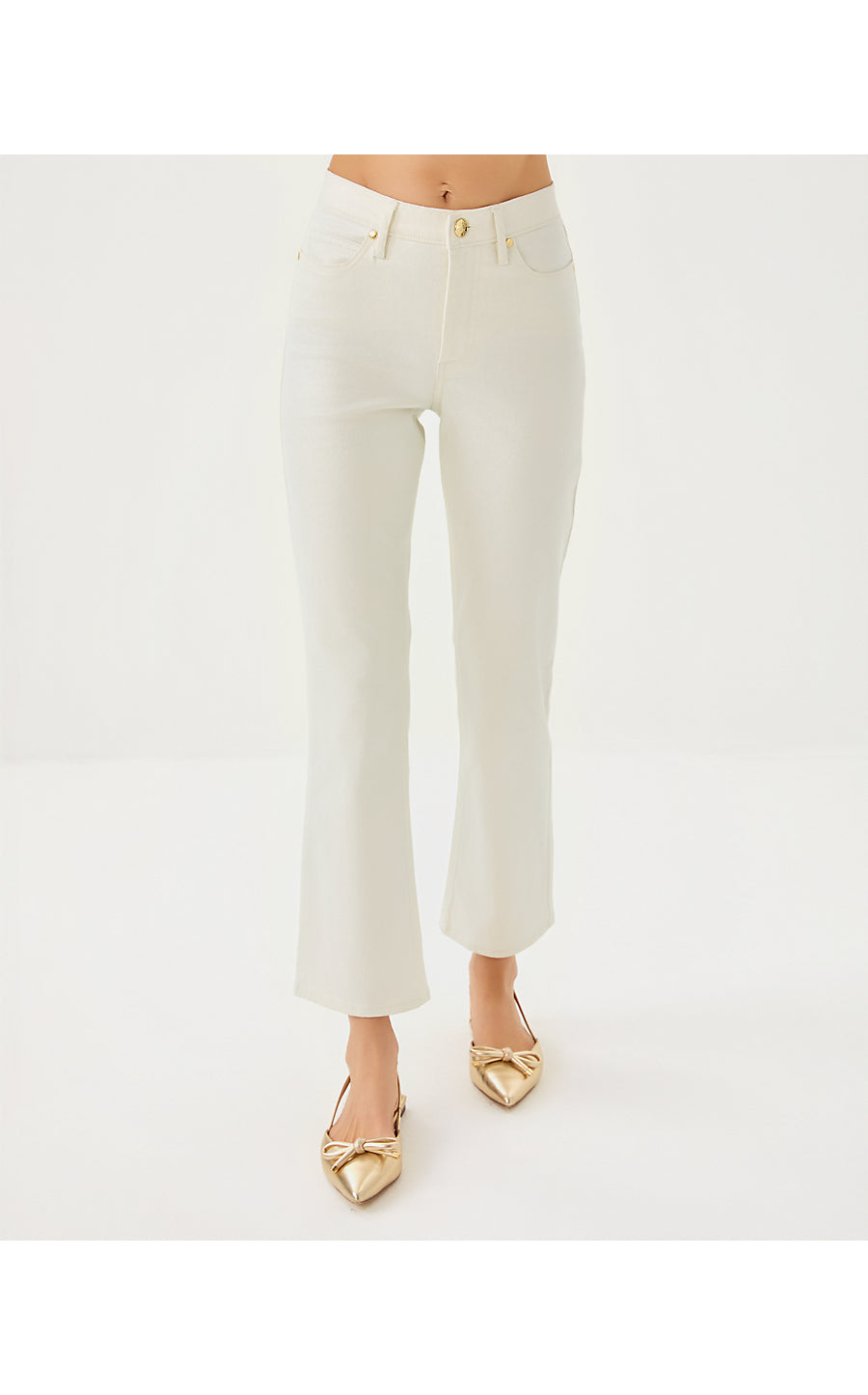 LIZA SHIMMER CROP FLARE JEAN, COCONUT METALLIC